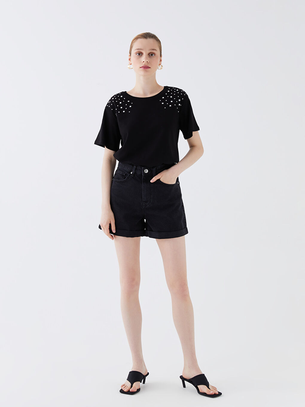 Crew Neck Rhinestone Embellished Short Sleeve Women's T-Shirt-2