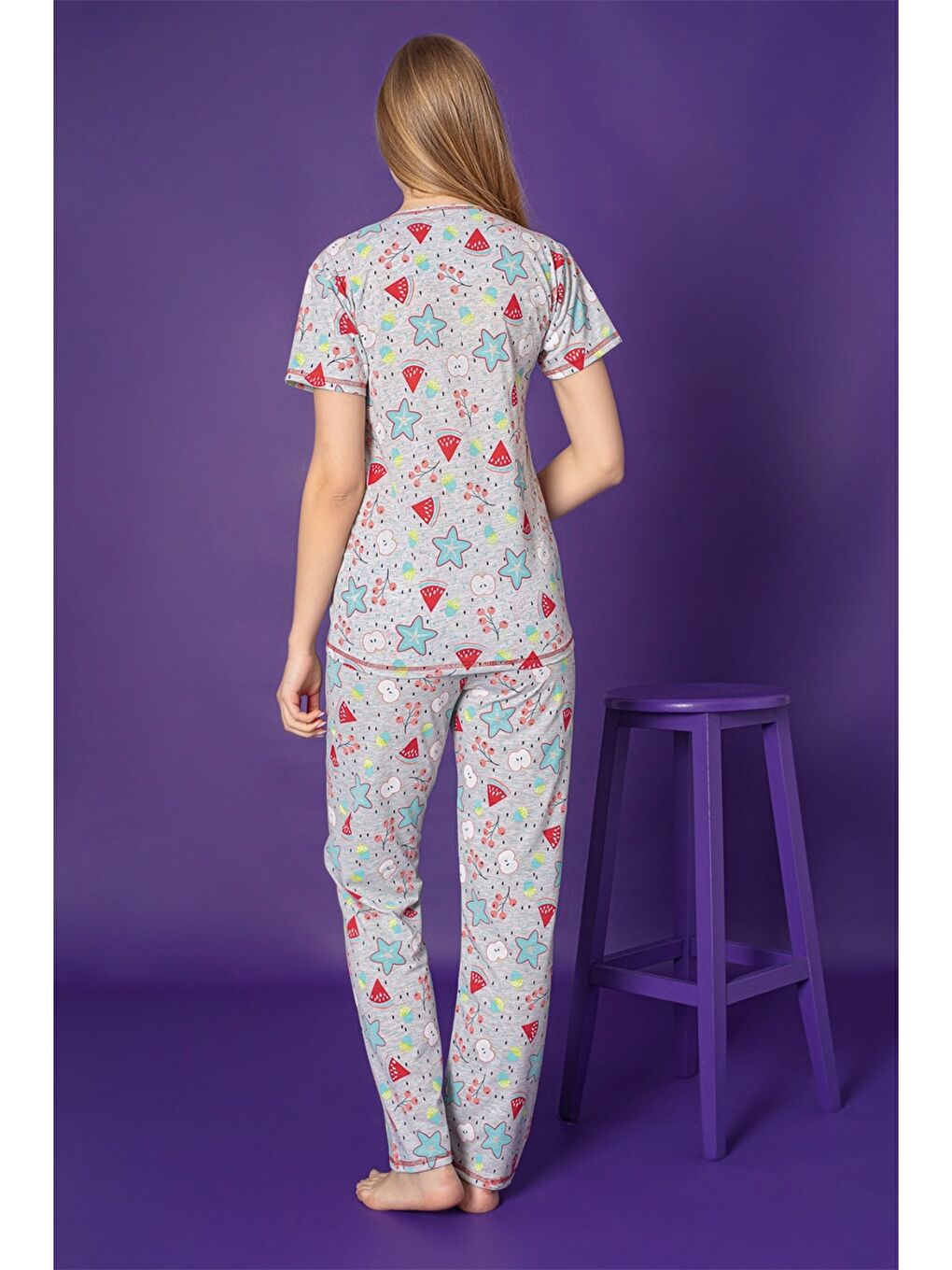 Gri Bisiklet Yaka Kısa Kollu Kadın Pijama Takım-3