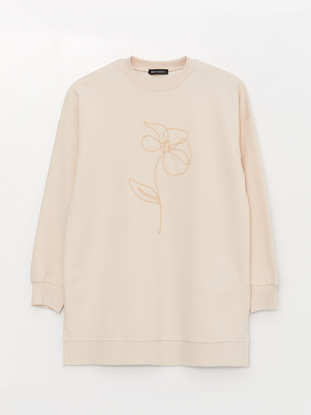 Ekru Bisiklet Yaka Nakışlı Uzun Kollu Oversize Kadın Sweatshirt Tunik-5