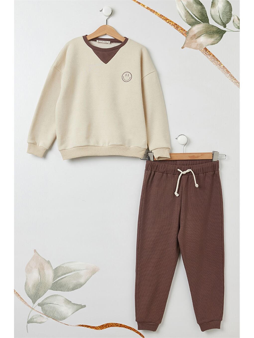 Bej Bisiklet Yaka Uzun Kollu Erkek Çocuk Sweatshirt ve Eşofman Altı