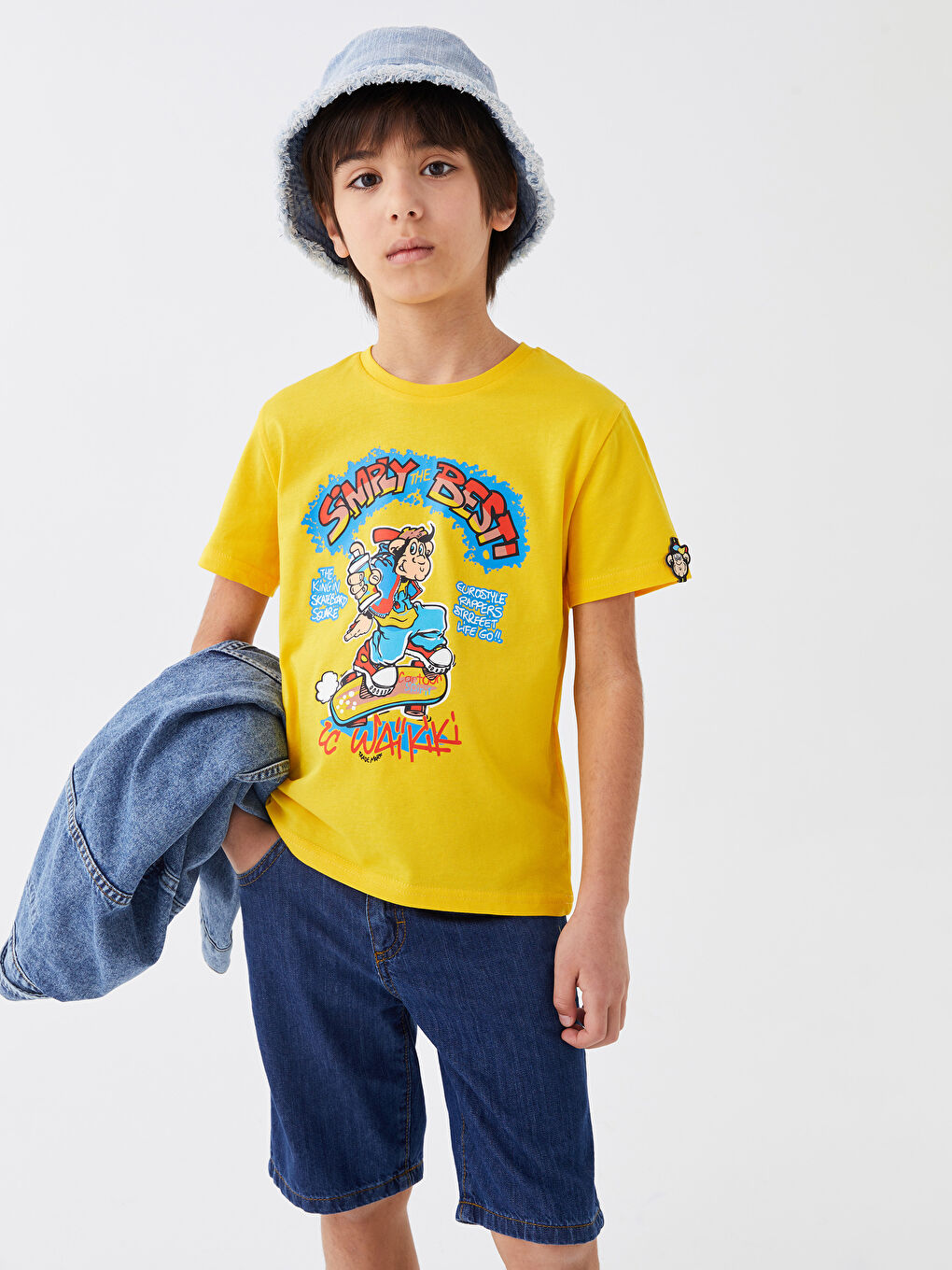 Sarı Bisiklet Yaka Nostaljik Maymun Baskılı Kısa Kollu Unisex Çocuk Tişört-2