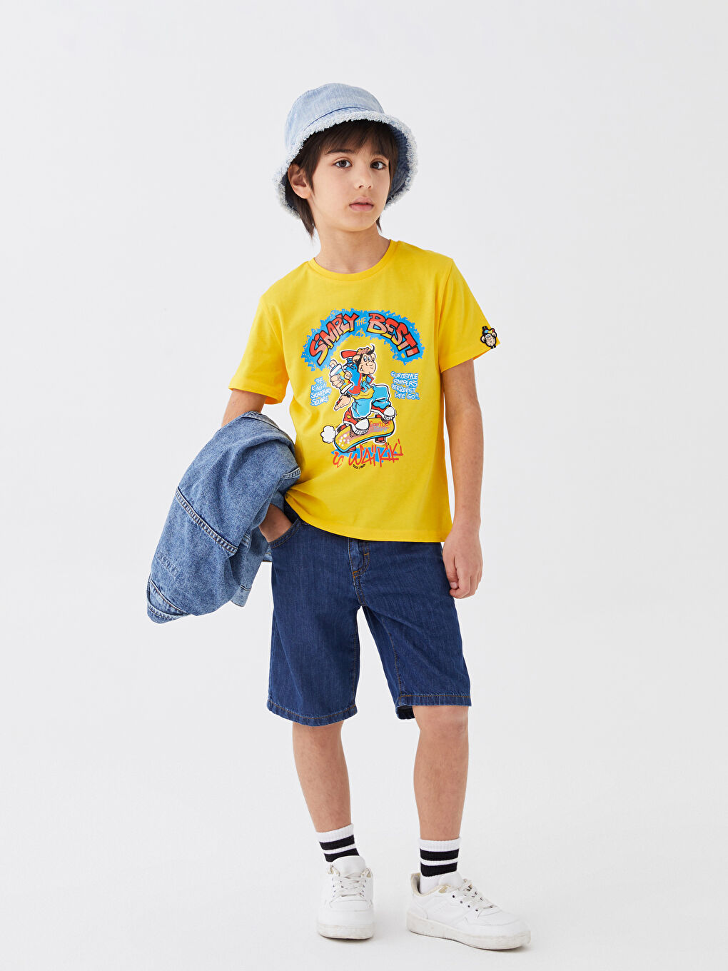 Sarı Bisiklet Yaka Nostaljik Maymun Baskılı Kısa Kollu Unisex Çocuk Tişört-5