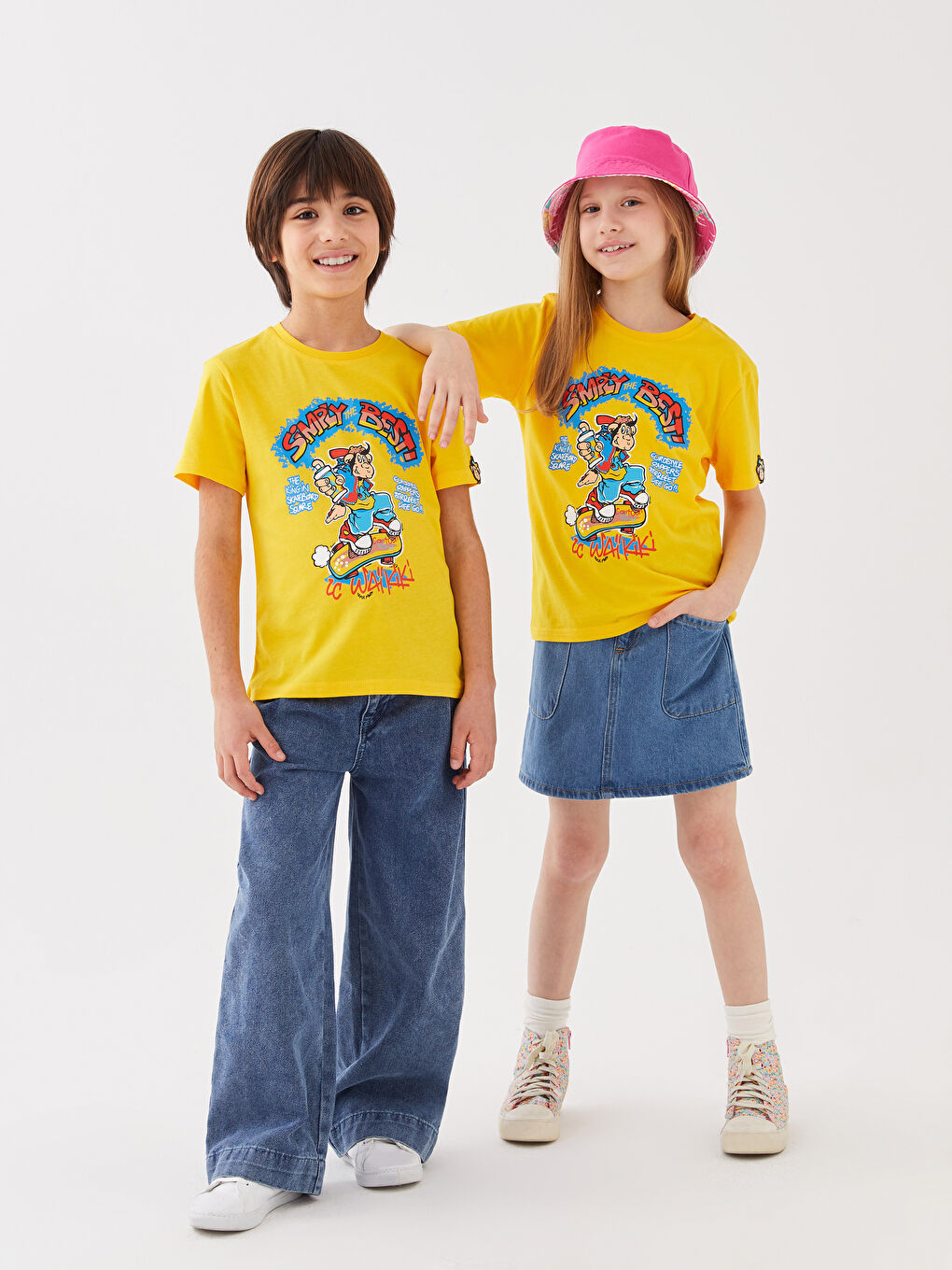 Sarı Bisiklet Yaka Nostaljik Maymun Baskılı Kısa Kollu Unisex Çocuk Tişört-1