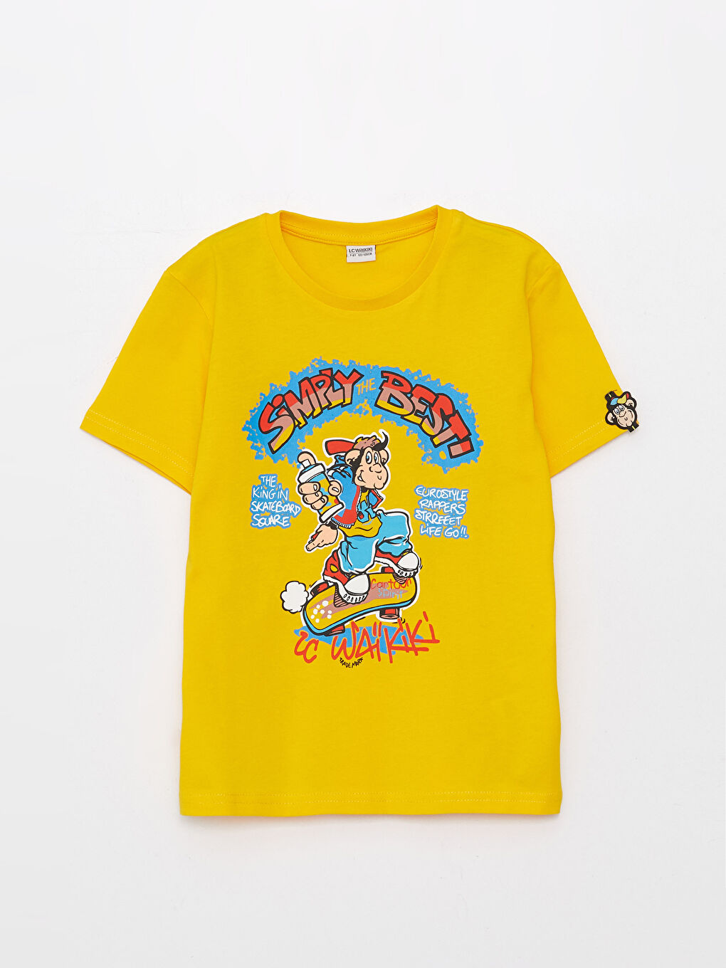 Sarı Bisiklet Yaka Nostaljik Maymun Baskılı Kısa Kollu Unisex Çocuk Tişört-6