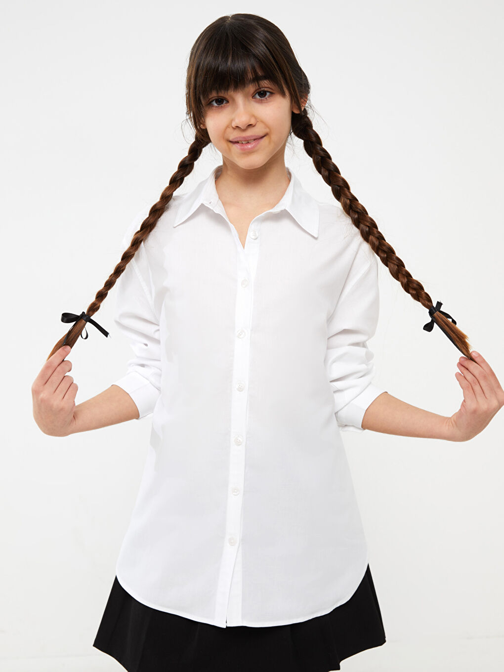 Beyaz Basic Uzun Kollu Kız Çocuk Gömlek