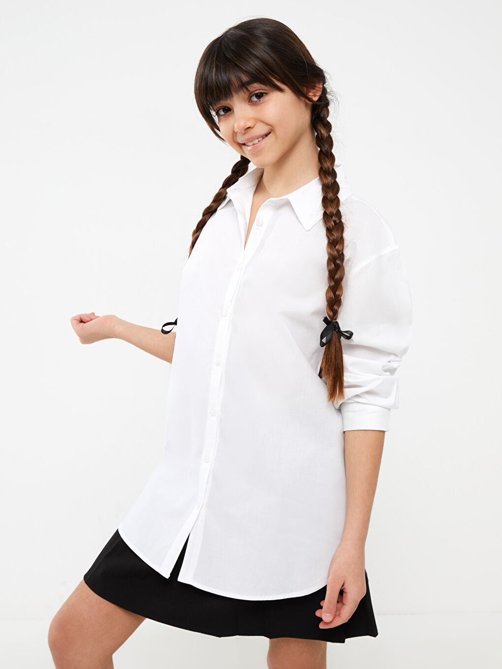 Beyaz Basic Uzun Kollu Kız Çocuk Gömlek-1
