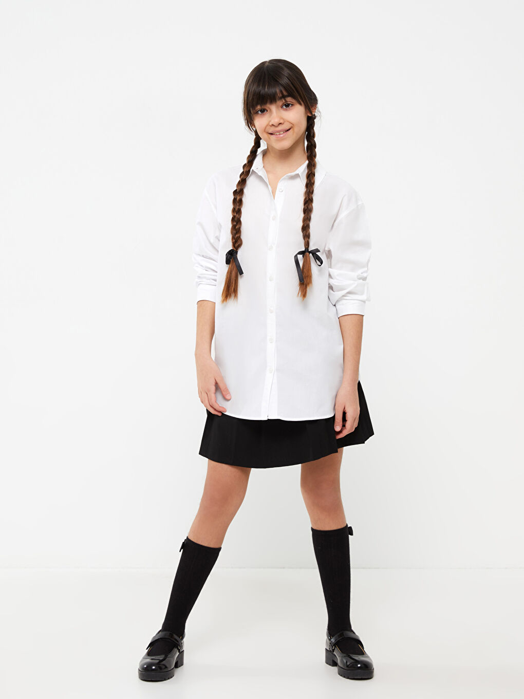 Beyaz Basic Uzun Kollu Kız Çocuk Gömlek-2