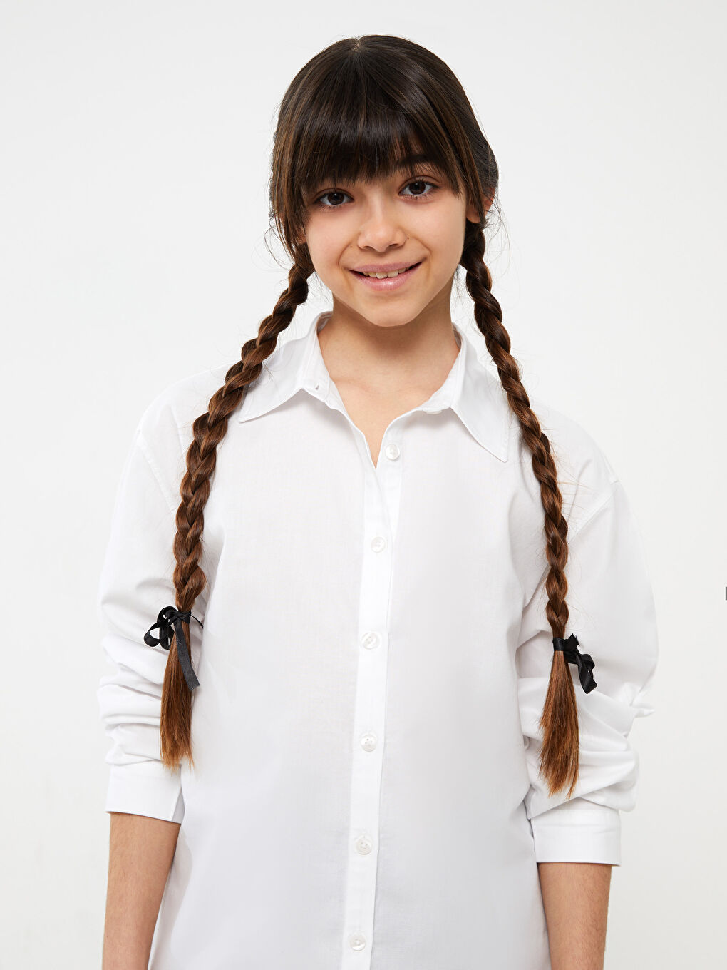 Beyaz Basic Uzun Kollu Kız Çocuk Gömlek-3