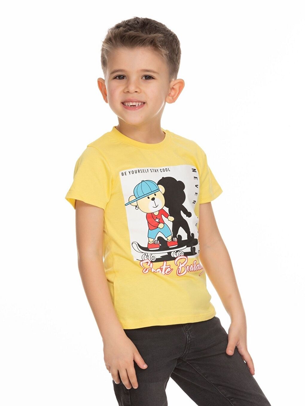 Sarı Bisiklet Yaka Kısa Kollu Baskılı Erkek Bebek Tişört-2