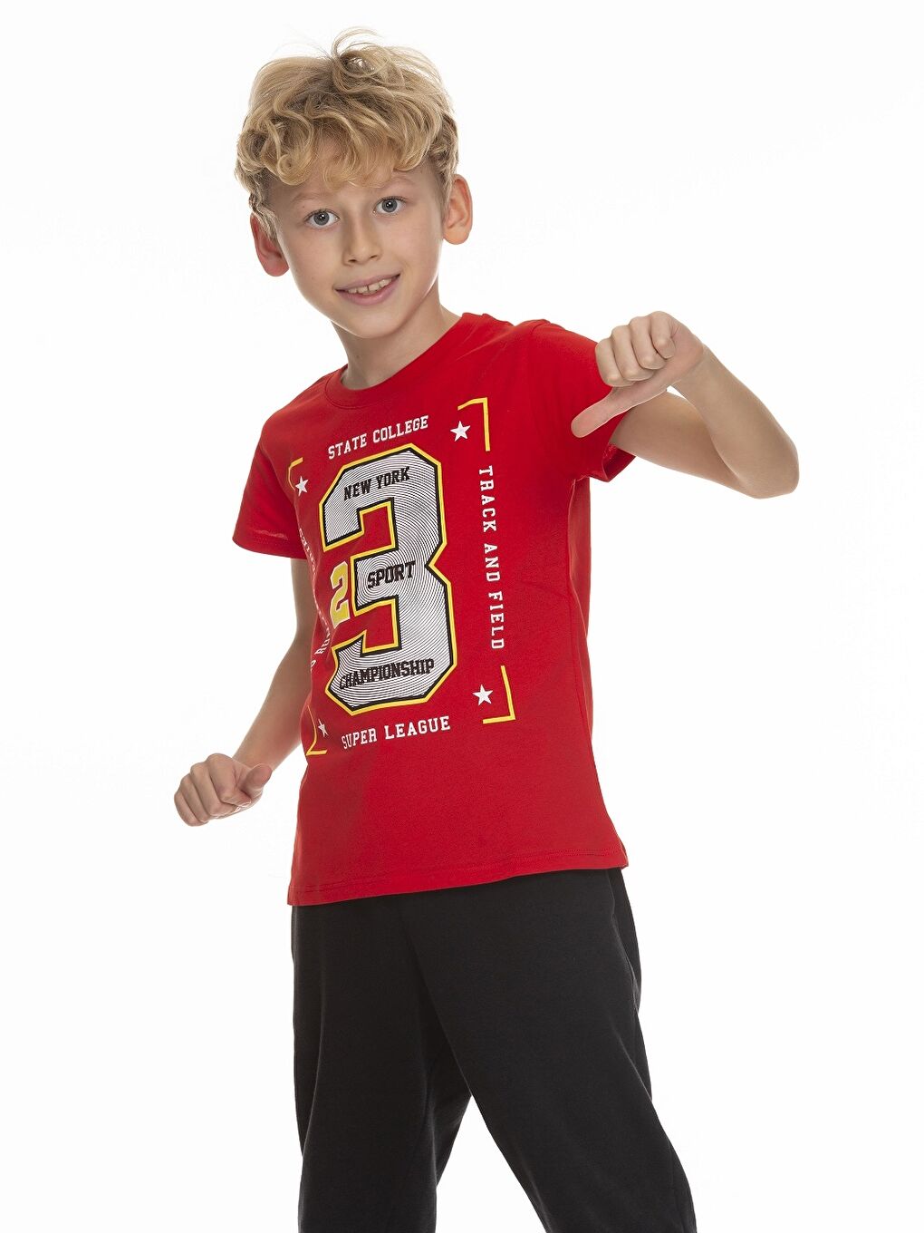 Kırmızı Bisiklet Yaka Baskılı Kısa Kollu Erkek Çocuk Tişört-1