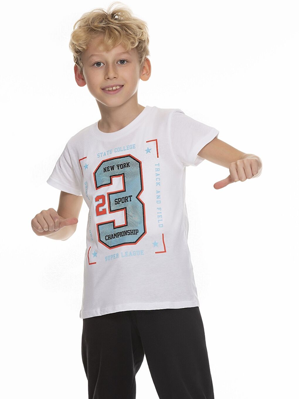 Beyaz Bisiklet Yaka Baskılı Kısa Kollu Erkek Çocuk Tişört-1