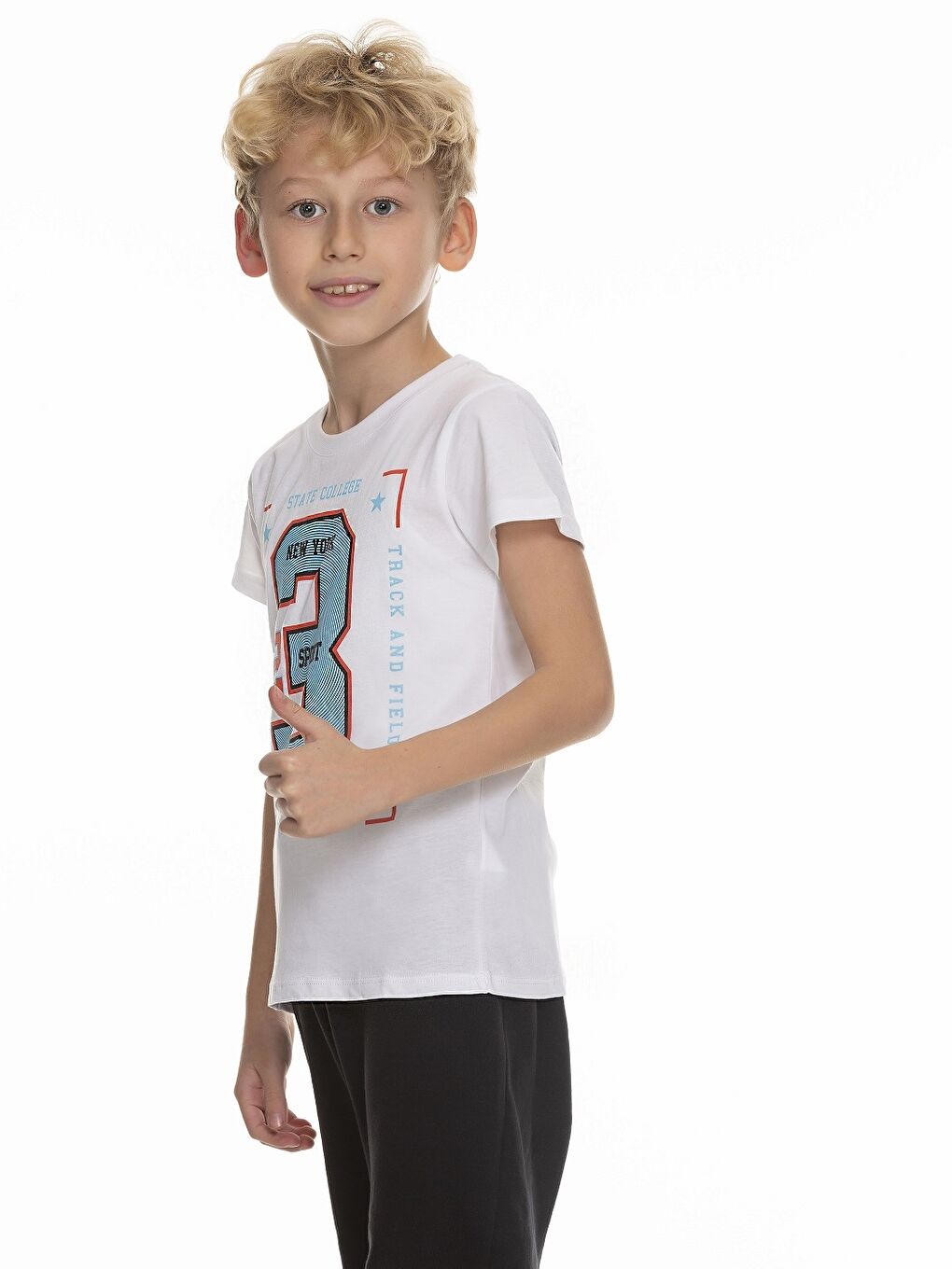 Beyaz Bisiklet Yaka Baskılı Kısa Kollu Erkek Çocuk Tişört-2