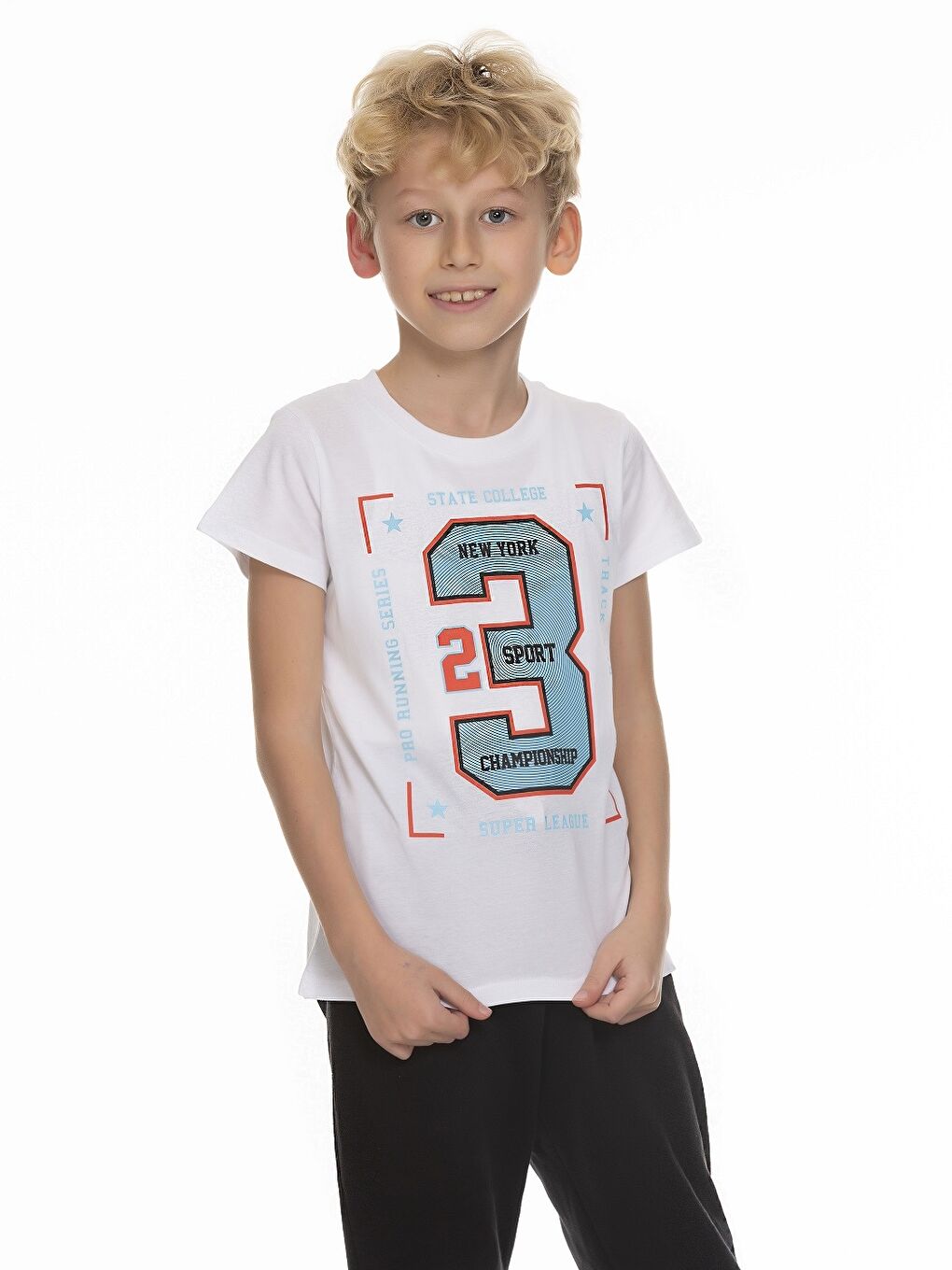 Beyaz Bisiklet Yaka Baskılı Kısa Kollu Erkek Çocuk Tişört-3