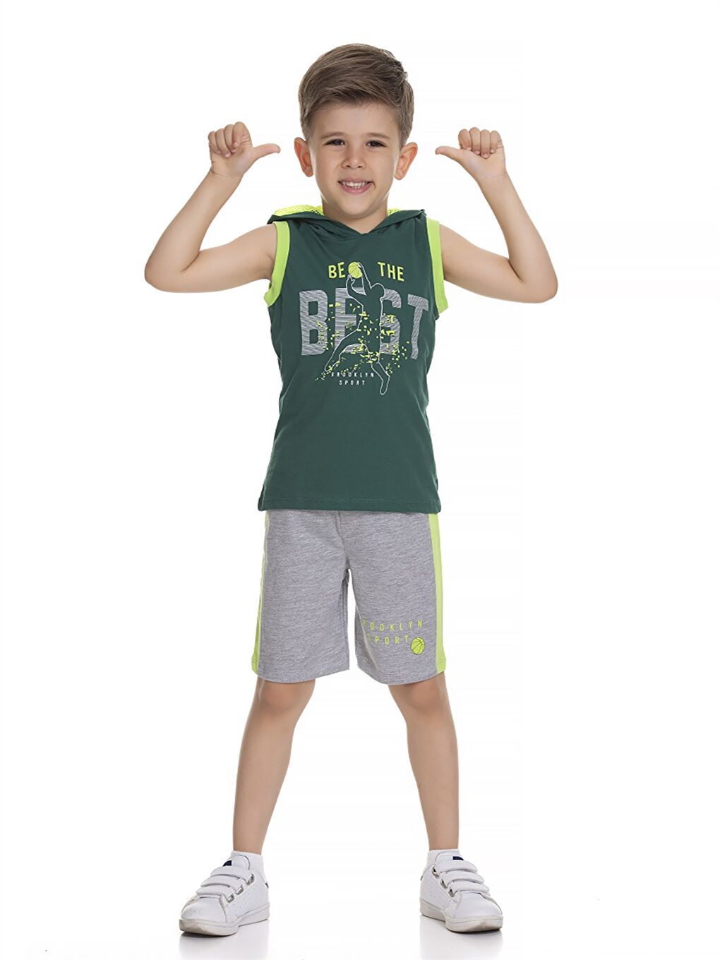 Yeşil Kapüşonlu Baskılı Erkek Bebek Atlet ve Şort 2'li Takım