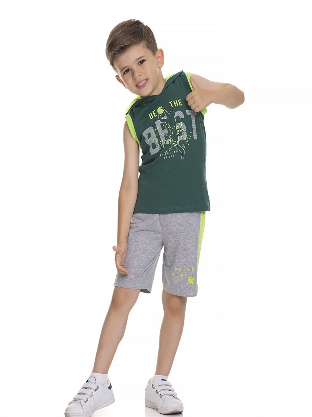 Yeşil Kapüşonlu Baskılı Erkek Bebek Atlet ve Şort 2'li Takım-1