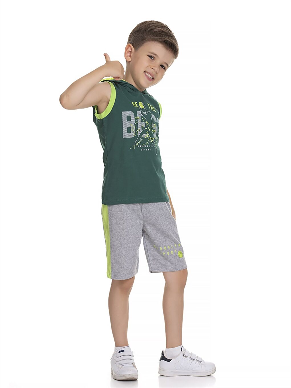 Yeşil Kapüşonlu Baskılı Erkek Bebek Atlet ve Şort 2'li Takım-4