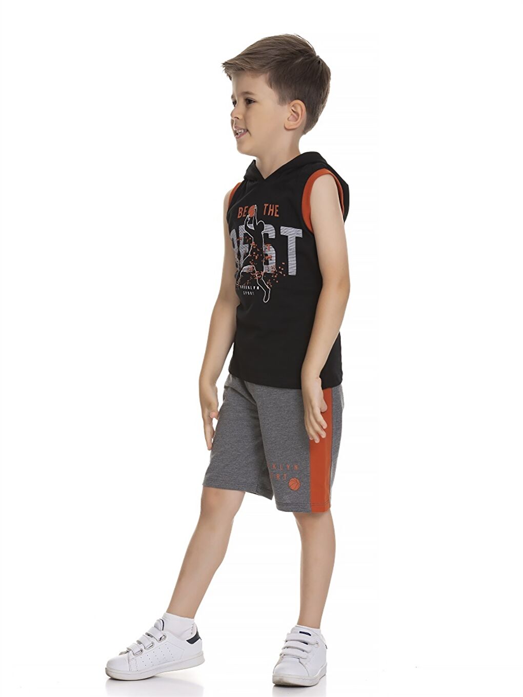 Siyah Kapüşonlu Baskılı Erkek Bebek Atlet ve Şort 2'li Takım-1