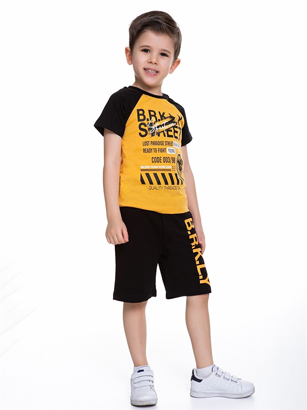 Kahverengi Bisiklet Yaka Baskılı Kısa Kollu Erkek Çocuk Tişört ve Şort-2