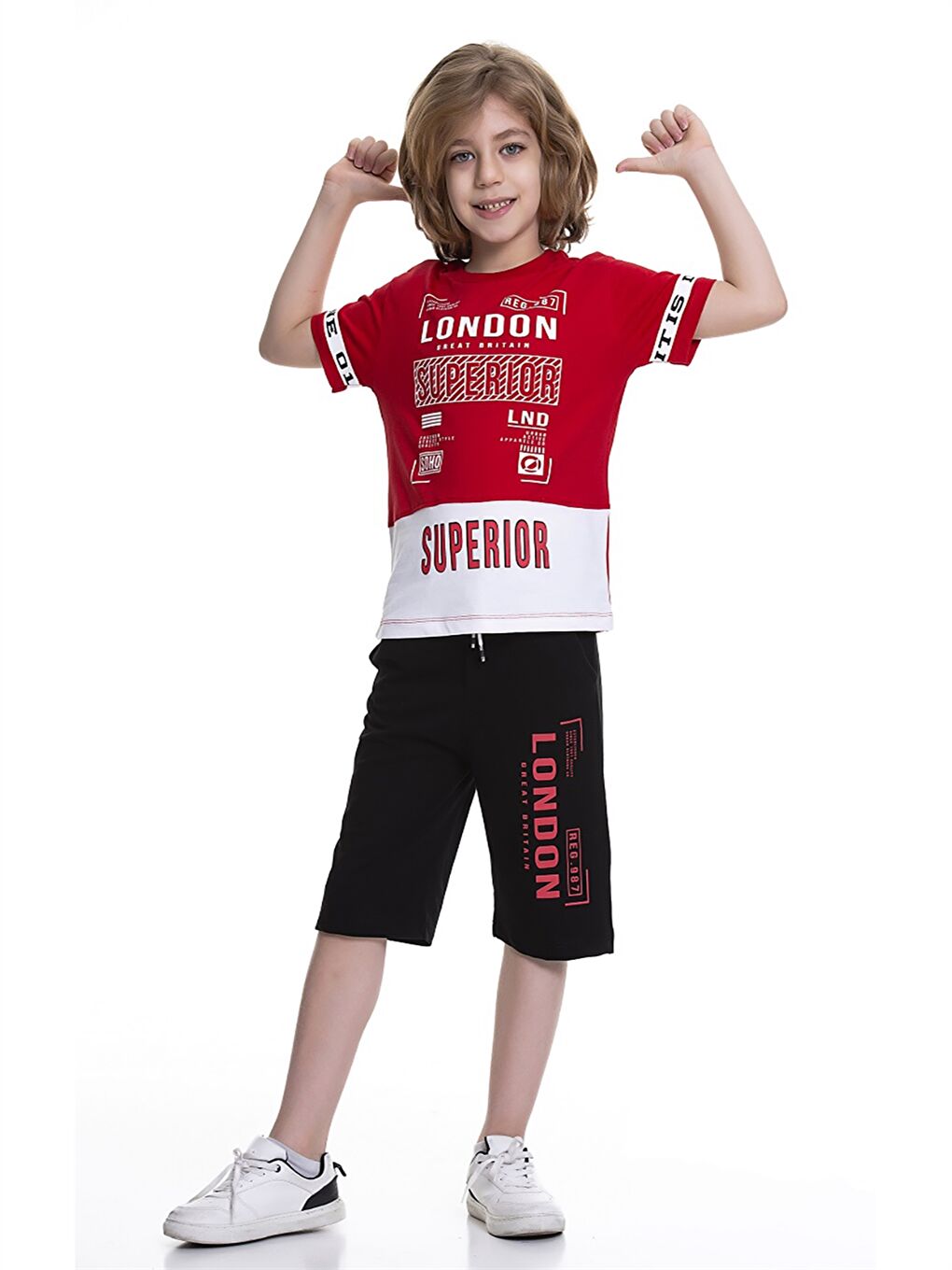 Kırmızı Bisiklet Yaka Baskılı Kısa Kollu Erkek Çocuk Tişört ve Şort