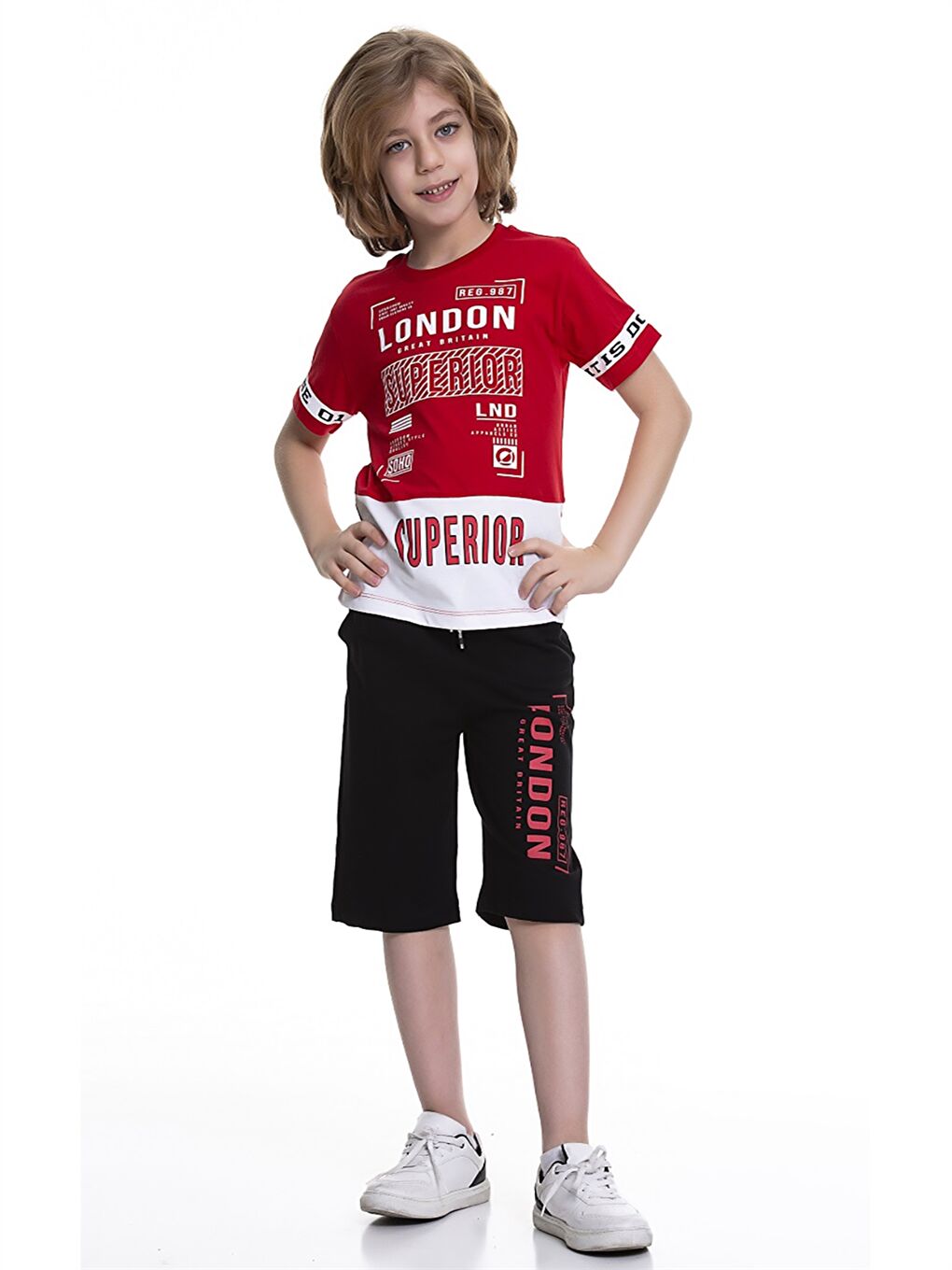 Kırmızı Bisiklet Yaka Baskılı Kısa Kollu Erkek Çocuk Tişört ve Şort-1