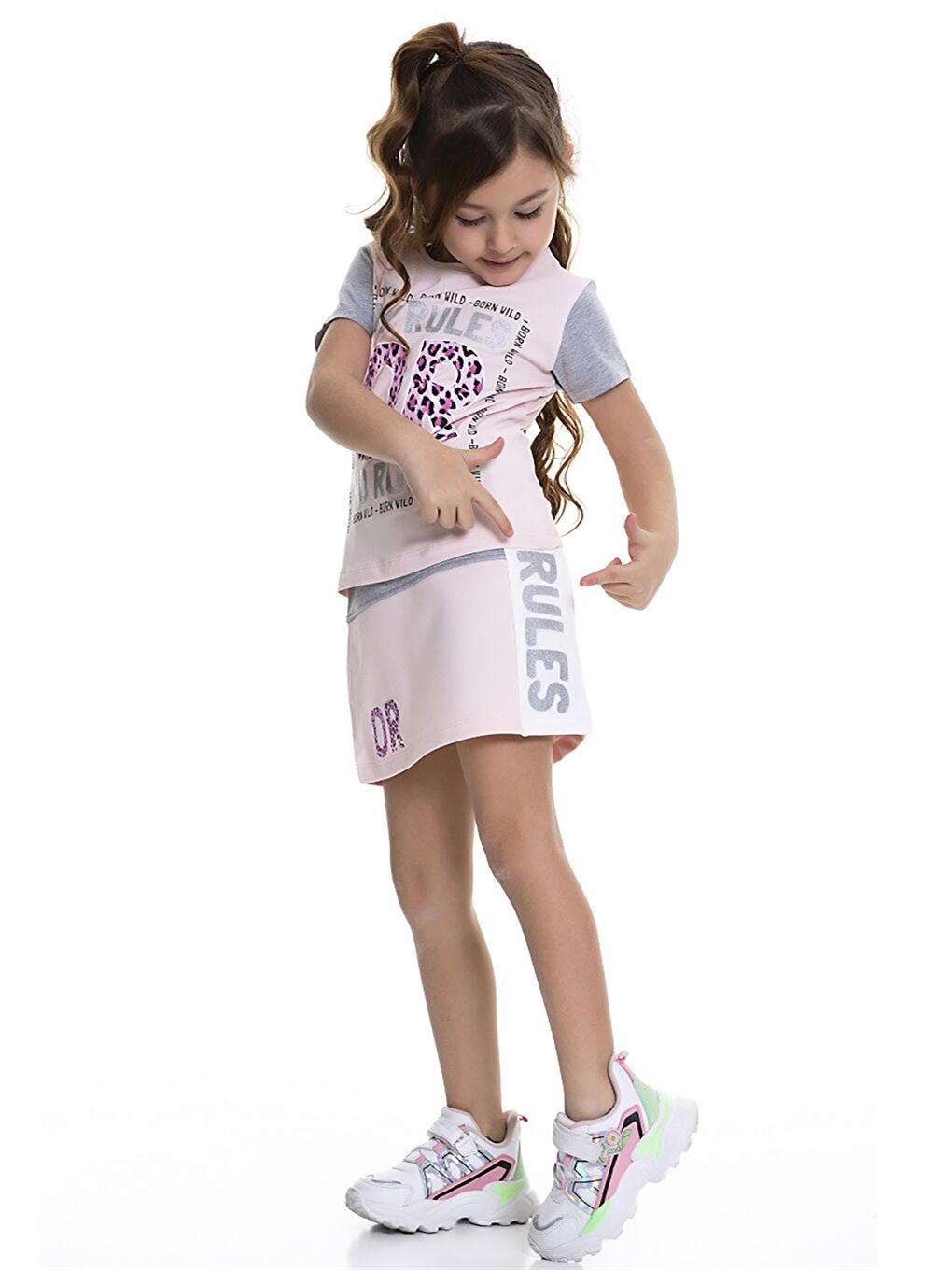 Pembe Bisiklet Yaka Baskılı Kısa Kollu Kız Çocuk Tişört ve Etek