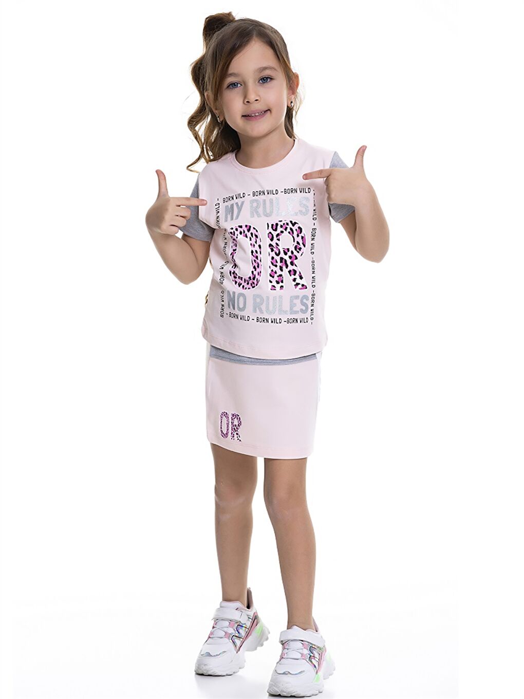 Pembe Bisiklet Yaka Baskılı Kısa Kollu Kız Çocuk Tişört ve Etek-1