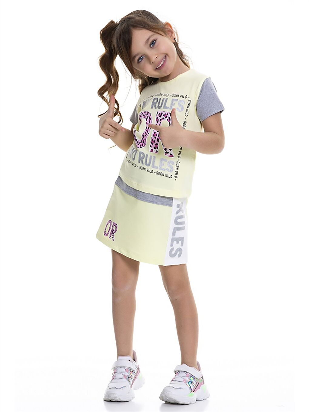 Sarı Bisiklet Yaka Baskılı Kısa Kollu Kız Çocuk Tişört ve Etek-1