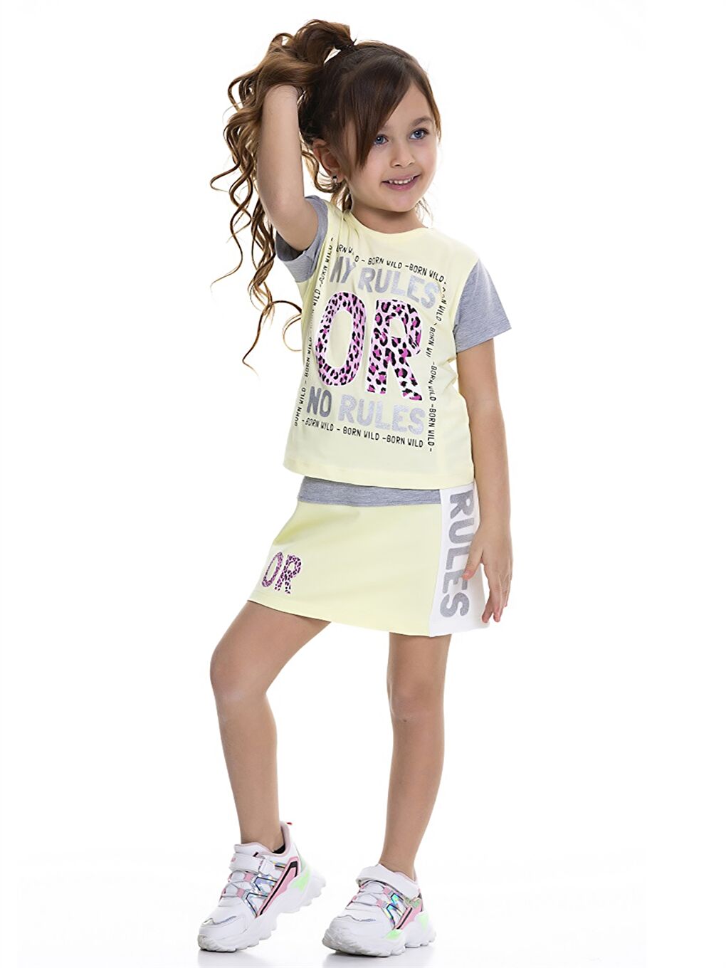 Sarı Bisiklet Yaka Baskılı Kısa Kollu Kız Çocuk Tişört ve Etek-2