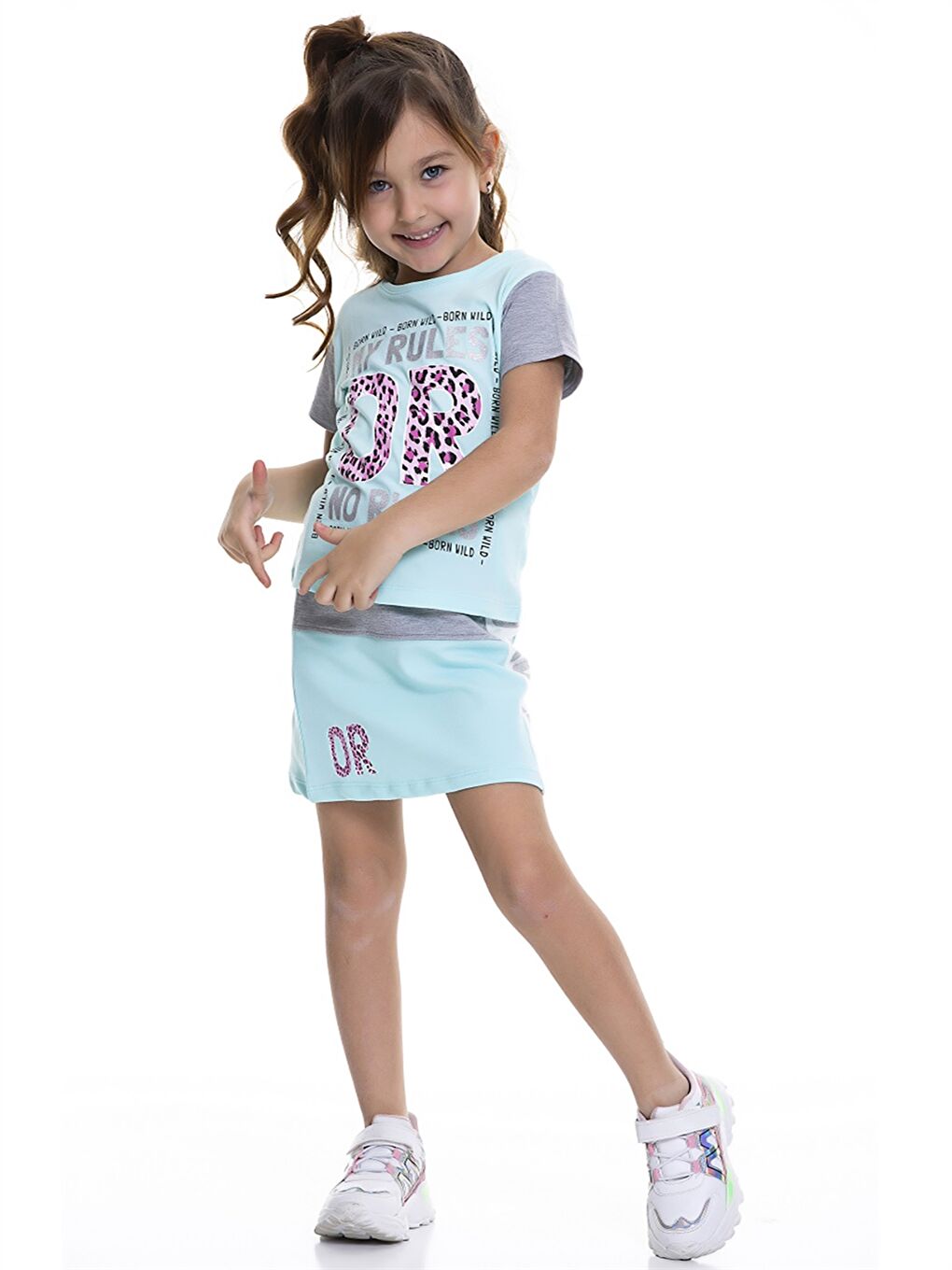 Yeşil Bisiklet Yaka Baskılı Kısa Kollu Kız Çocuk Tişört ve Etek-1