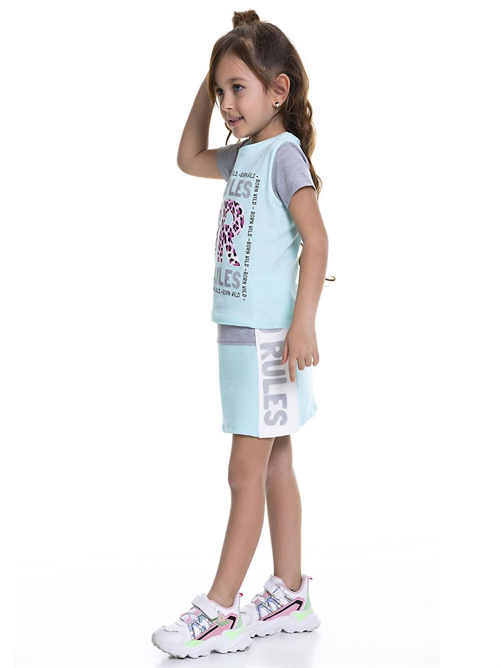 Yeşil Bisiklet Yaka Baskılı Kısa Kollu Kız Çocuk Tişört ve Etek-2