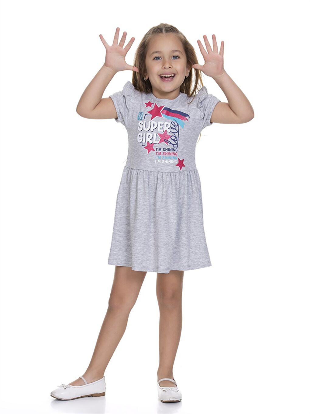 Gri Bisiklet Yaka Kısa Kollu Kız Bebek Elbise-1