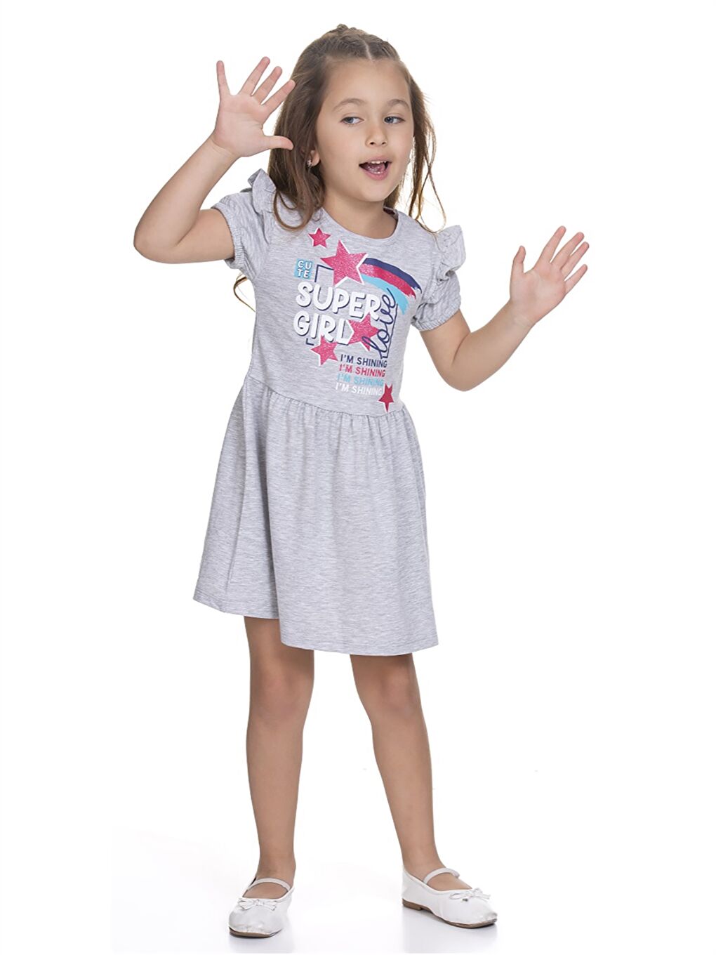 Gri Bisiklet Yaka Kısa Kollu Kız Bebek Elbise-2