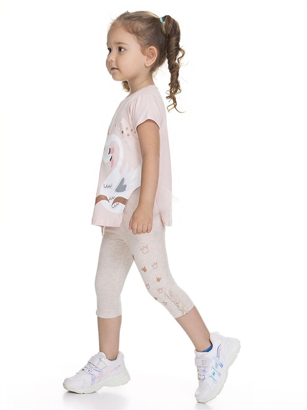 Pembe Bisiklet Yaka Kısa Kollu Baskılı Kız Bebek Tişört ve Tayt 2'li Takım-1