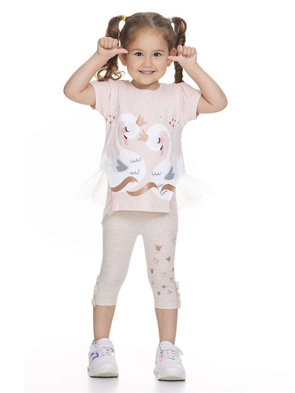 Pembe Bisiklet Yaka Kısa Kollu Baskılı Kız Bebek Tişört ve Tayt 2'li Takım-2