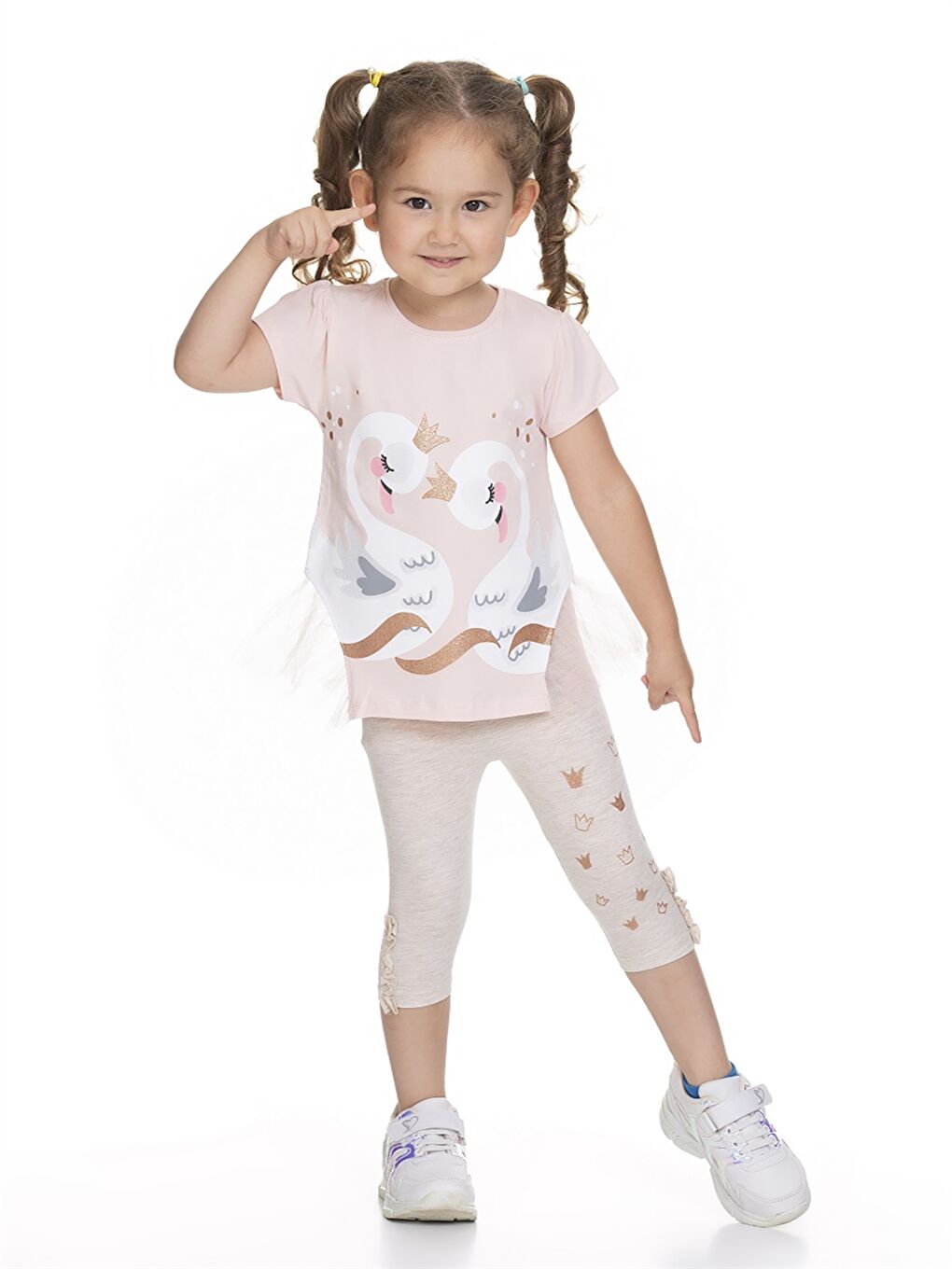 Pembe Bisiklet Yaka Kısa Kollu Baskılı Kız Bebek Tişört ve Tayt 2'li Takım-3