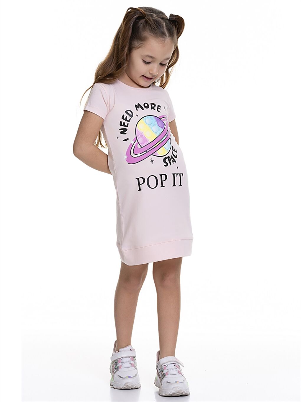 Pembe Bisiklet Yaka Kısa Kollu Baskılı Kız Bebek Elbise