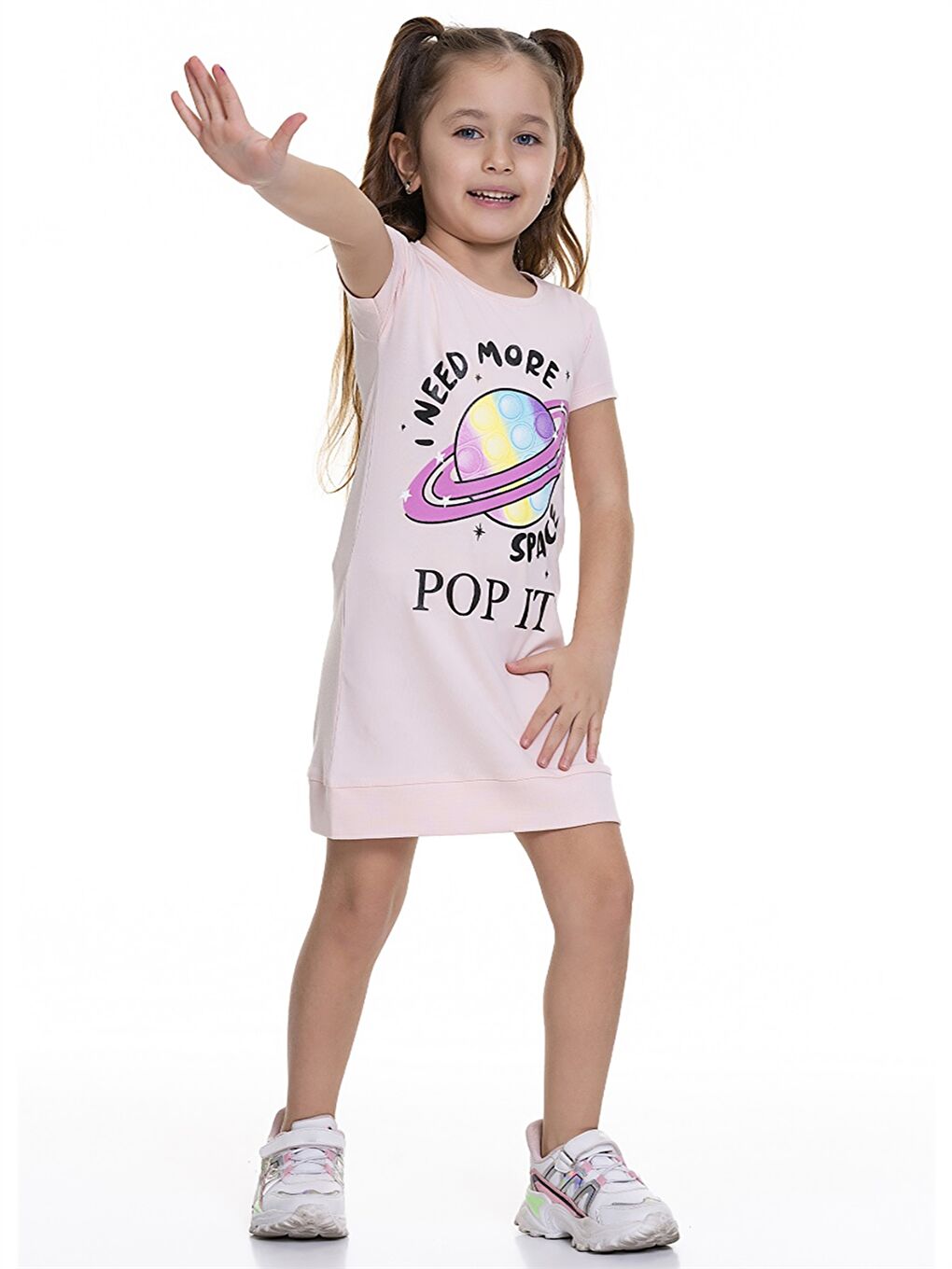 Pembe Bisiklet Yaka Kısa Kollu Baskılı Kız Bebek Elbise-1