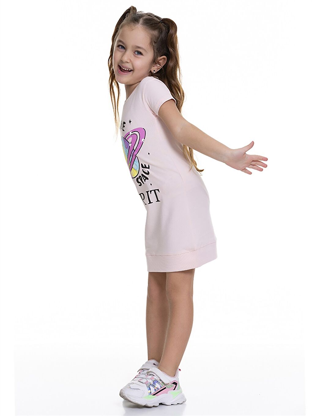 Pembe Bisiklet Yaka Kısa Kollu Baskılı Kız Bebek Elbise-2