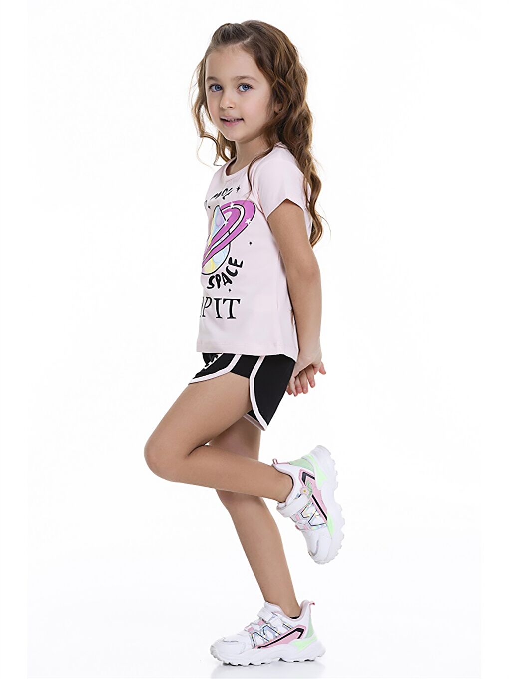 Pembe Bisiklet Yaka Kısa Kollu Baskılı Kız Bebek Tişört ve Şort 2'li Takım-2