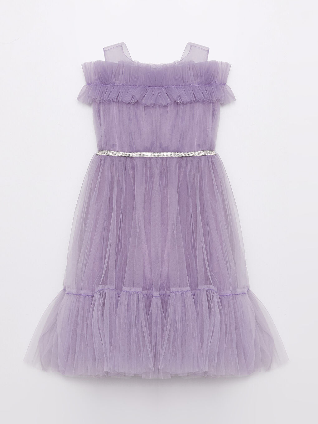 Lila Bisiklet Yaka Tül Detaylı Kız Çocuk Elbise