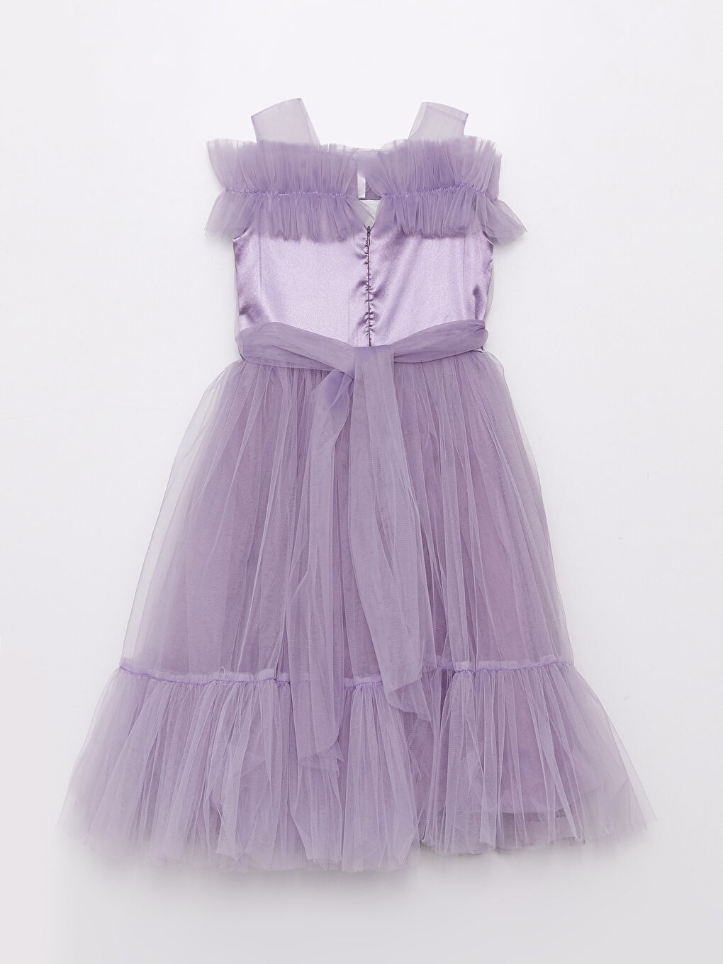 Lila Bisiklet Yaka Tül Detaylı Kız Çocuk Elbise-1