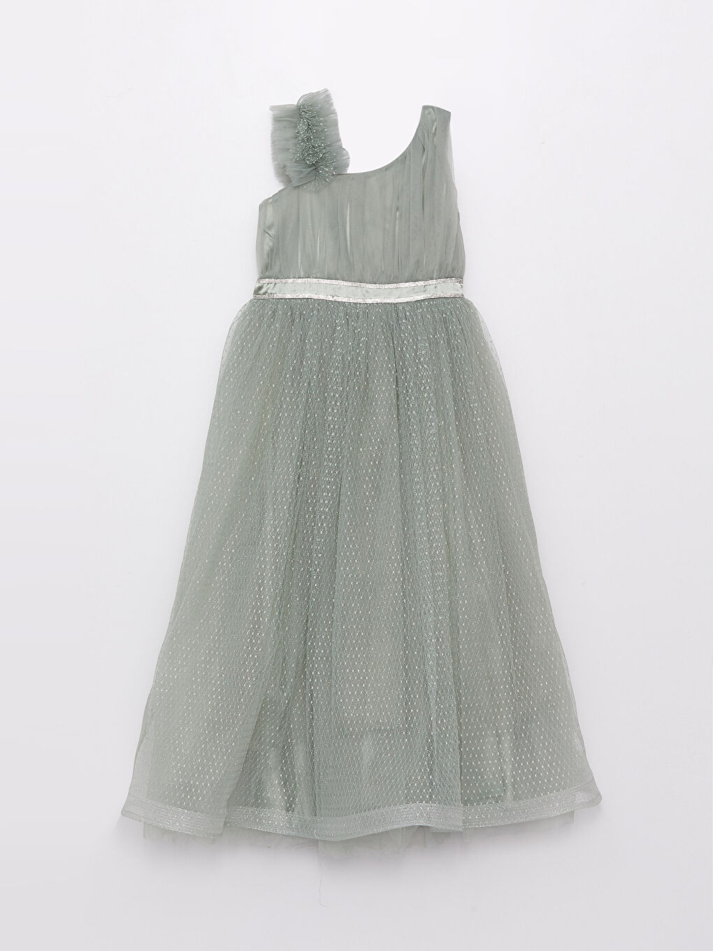 Yeşil Fırfır Detaylı Kız Çocuk Tüllü Elbise