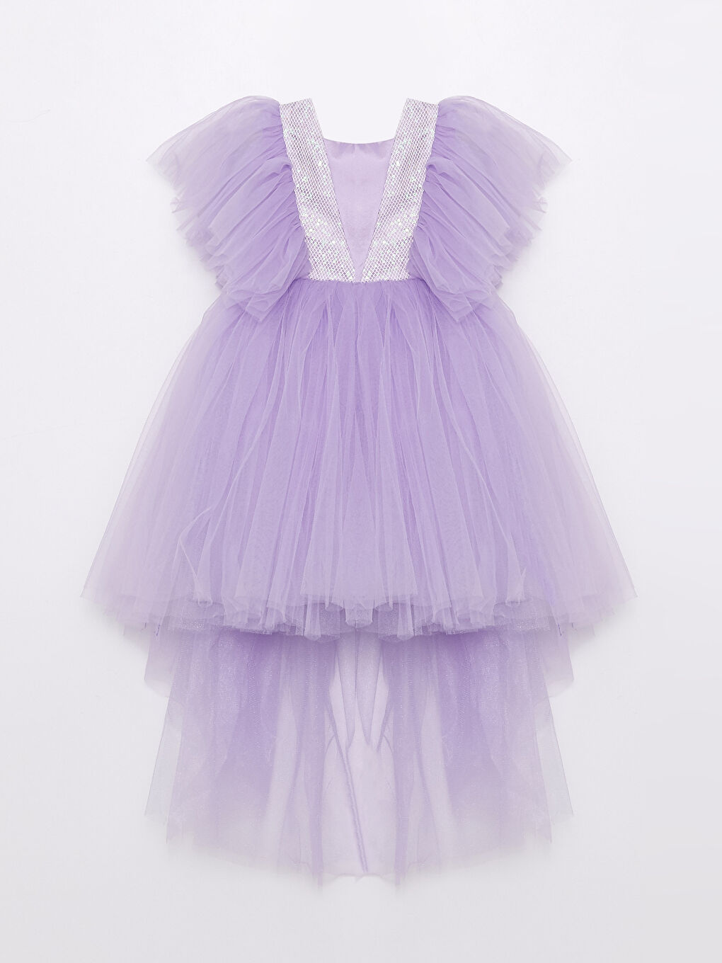Lila Pul İşlemeli Tül Detaylı Kız Çocuk Elbise