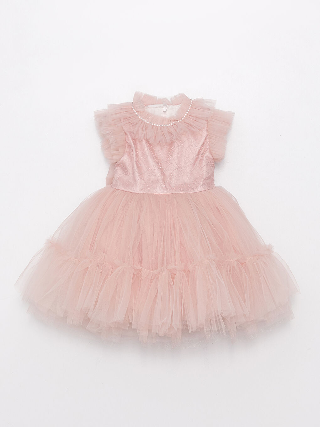 Pembe Fırfırlı Yaka Nakışlı Kız Bebek Tül Elbise