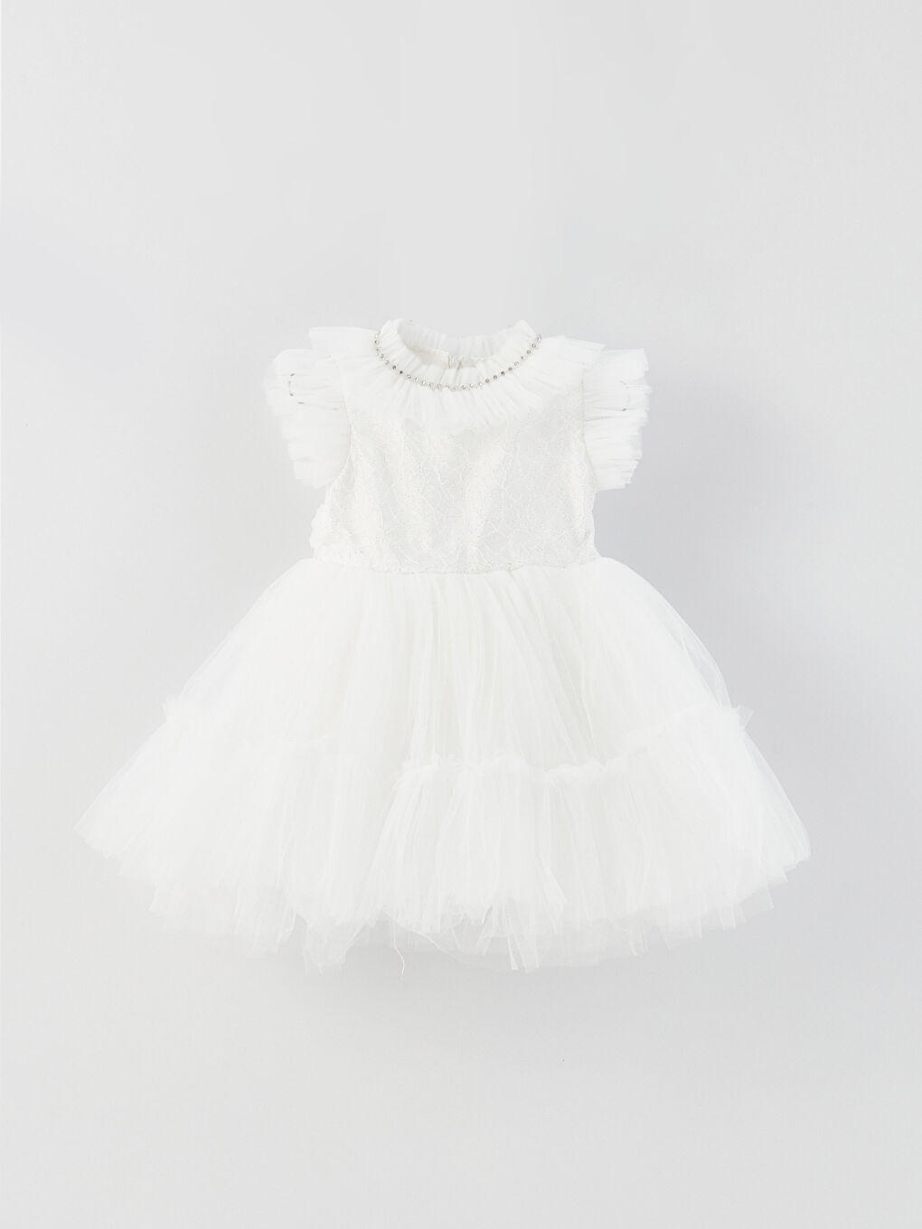 Ekru Fırfırlı Yaka Nakışlı Kız Bebek Tül Elbise