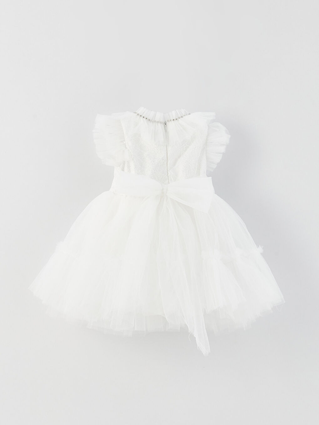 Ekru Fırfırlı Yaka Nakışlı Kız Bebek Tül Elbise-1