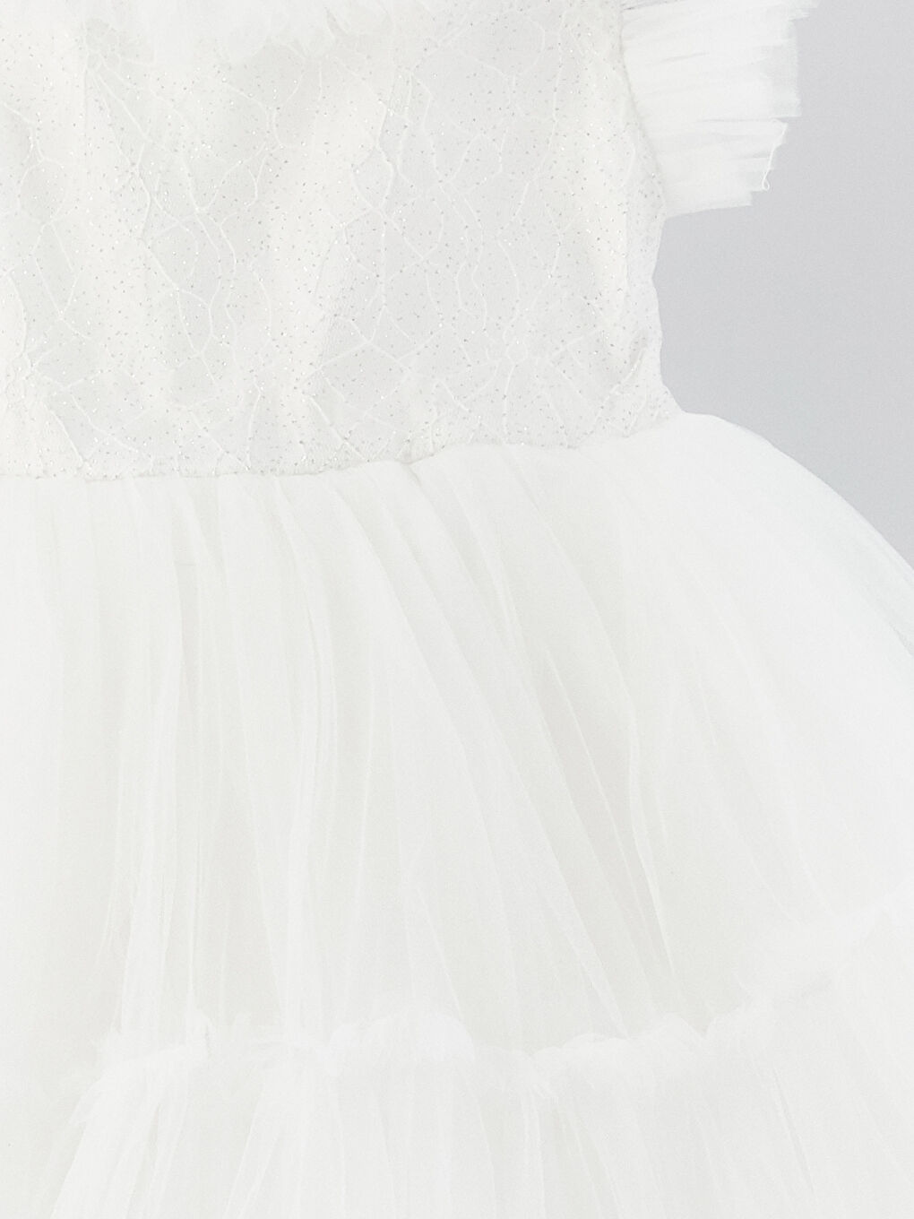 Ekru Fırfırlı Yaka Nakışlı Kız Bebek Tül Elbise-2