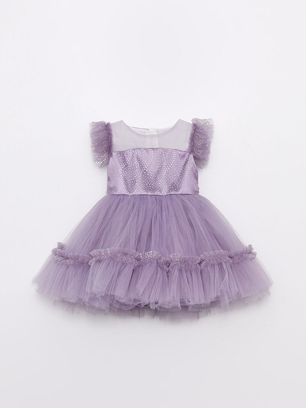 Lila Bisiklet Yaka Desenli Kız Bebek Tül Elbise