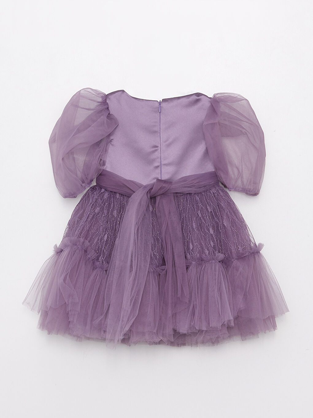 Mor Bisiklet Yaka Nakışlı Balon Kollu Kız Bebek Tül Elbise-1