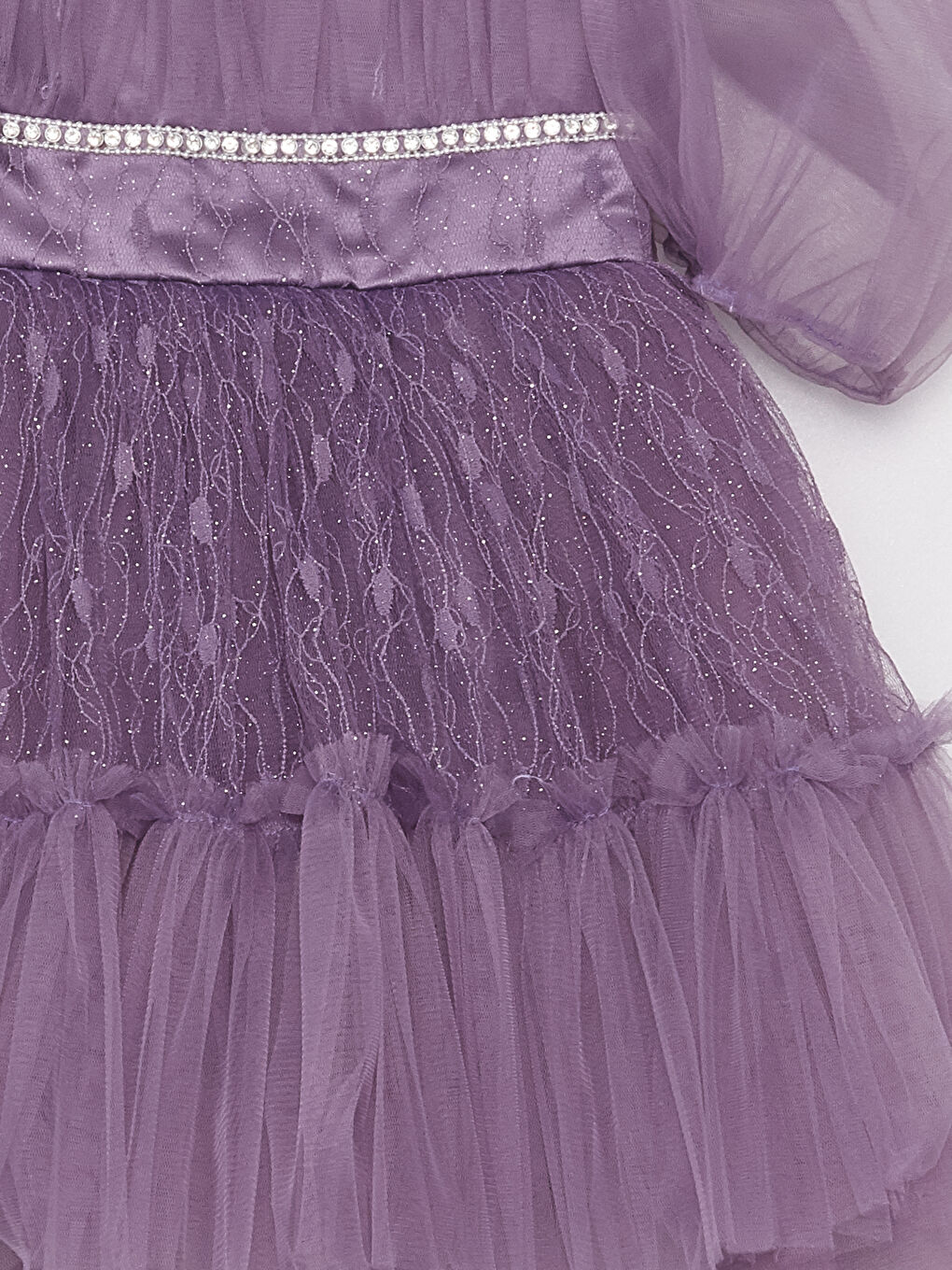 Mor Bisiklet Yaka Nakışlı Balon Kollu Kız Bebek Tül Elbise-2